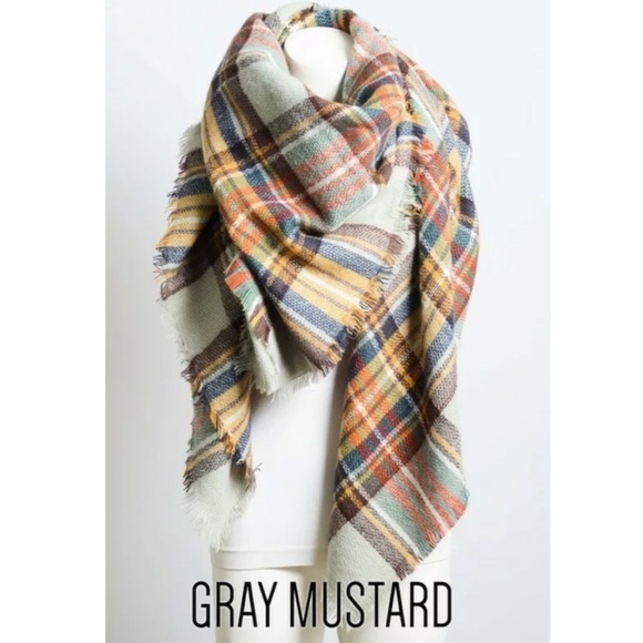 SOLD OUT Gray & Mustard Frayed Hem Blanket Scarf - Picture 4 of 4
